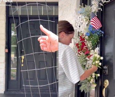 Split screen image with a hand holding chicken wire on the left and a woman hanging up flowers on the right
