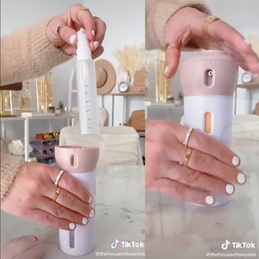 two screenshots of a person holding a travel dispenser, the left screenshot shows them taking a bottle out and the other shows them twisting the top