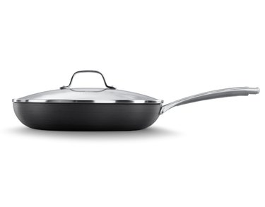 Black ceramic nonstick cookware pan with silver handle and lid
