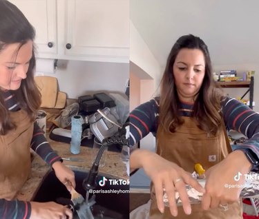 Split screen image of a woman cleaning her paint brush in a sing and putting tin foil around her paint roller