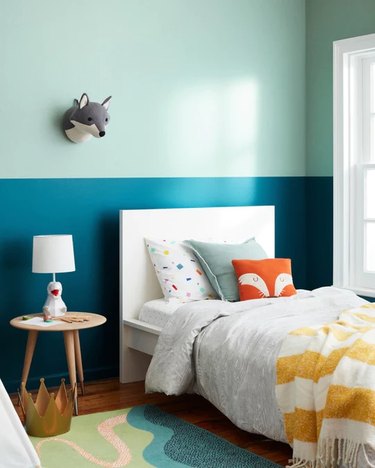 mint green and teal color blocked walls in kids room