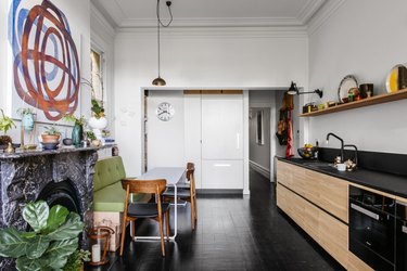 minimalist kitchen with dark floors