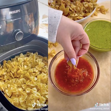 two tiktok screenshots, one showing pasta in an air fryer and the other showing a person dipping a pasta chip into marinara