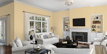 Sherwin-Williams sunbeam yellow walls in living room