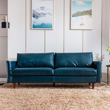 blue faux leather sofa