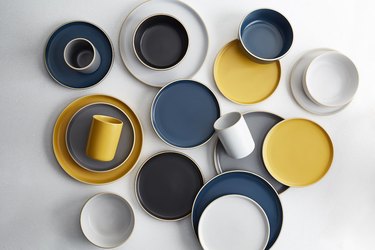 blue yellow black white dinnerware