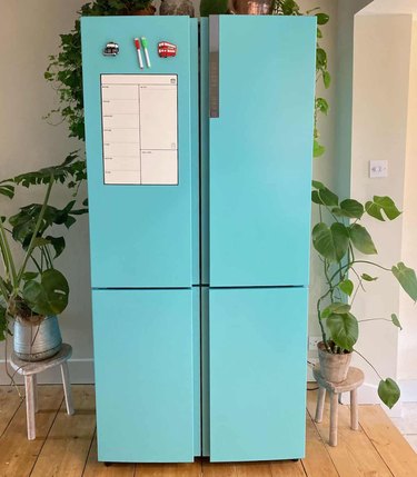 A bright teal painted fridge with plants near and on top of it