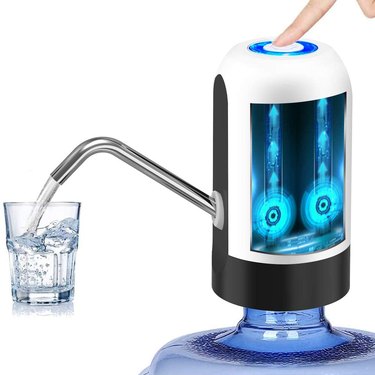 Blue black and white water bottle dispenser