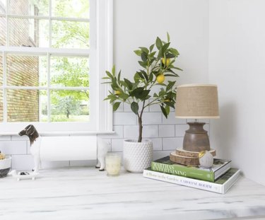 Image of faux lemon tree on a table accessorized with books, a lamp and a candle