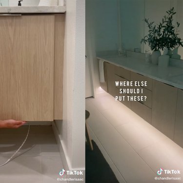 two screenshots of a TikTok video showing a person installing an LED light strip and then cabinets lit from beneath