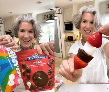 Split screen image of a woman holding marshmallows and chocolate on the right and a woman holding up a kabob of strawberries a brownie and a marshmallow on the right