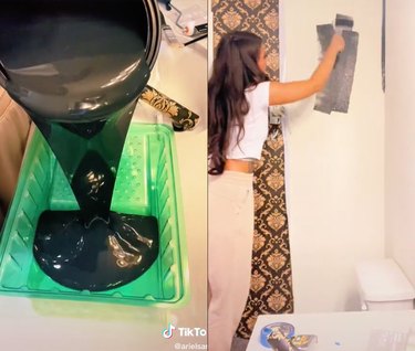 Split screen image of a can of black paint pouring on the left and a person painting a wall black on the right