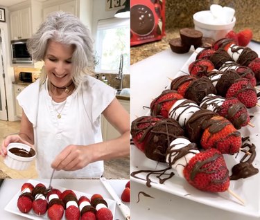 Split screen image of a woman drizzling chocolate kabobs on strawberries on the left and a plate of strawberry kabobs on the right