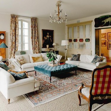 French country living room with multiple patterns
