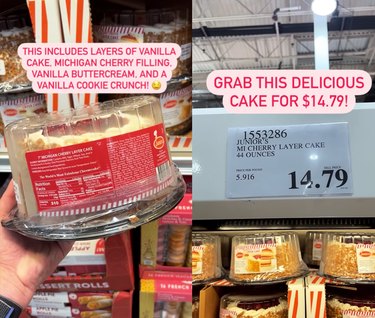 Split screen image of the back of a cherry cake box on the left and a sign reading $14.79 on the right
