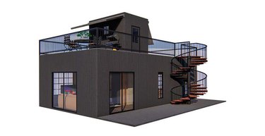 Rendering of a small steel house from a side angle with a spiral staircase leading up to the roof