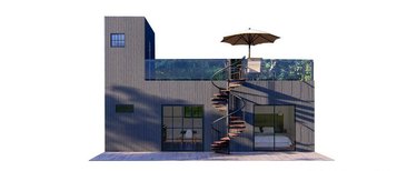 Rendering of a steel frame house with a spiral staircase leading to the roof