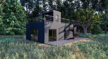 Rendering of a prefabricated steel house in the woods