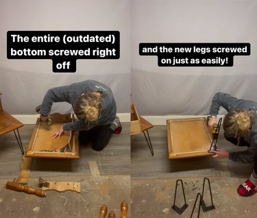 Split screen image of a person taking the old legs off the bottom of the table on the right and putting new legs on the table on the right