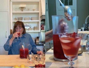 two screenshots of a video, left image shows Ina Garten drinking a red drink with a pitcher in front of her, right image shows a spoon going into a pitcher