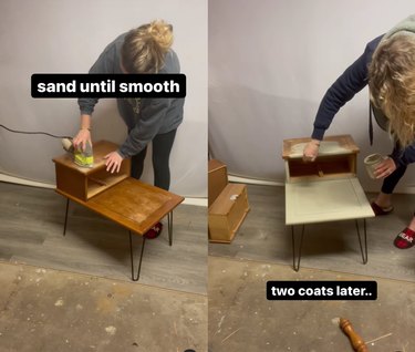 Split screen image of someone sanding down an end table on the left and painting it sage green on the right