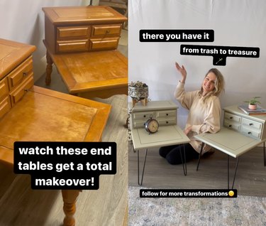 Split screen image of old end tables on the right and refurbished end tables on the left
