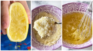 Squeezing a lemon, lemon zest, and lemonade mixture