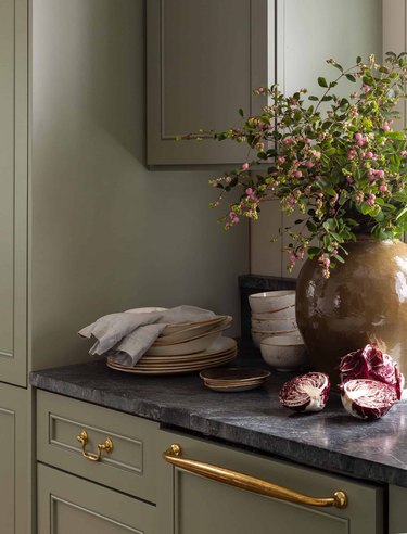 shaker kitchen cabinets in olive green kitchen from Heidi Caillier