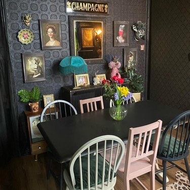 Dining area with colorful chairs and quirky decor