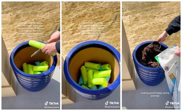 Cut up pool noodles in a planter covered in soil