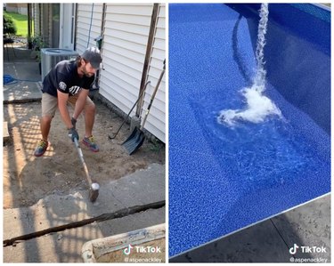 Man hammering concrete on left side, water filling up a blue inground pool on the right side