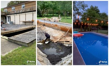 Man pulling up wooden deck, draining old pool of muggy water, beautiful blue pool in backyard with string lights