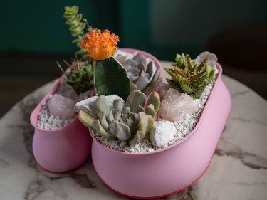 Oval pink planters with succulents on a table