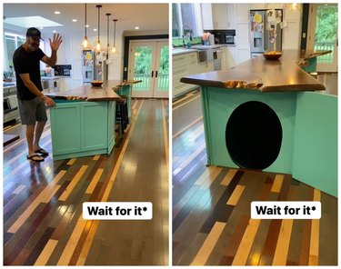 On the left, contractor is opening a sea-foam green cabinet underneath a kitchen island. On the right, the door reveals a slide under the counter.