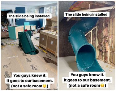 On the left, a dark green, plastic slide is being installed into the floor. On the right, the slide is put together in an unfinished space.