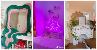 Three side-by-side images of squiggle decor. The first is a mirror lined in a pink and green squiggle rug. The second is a bed with a pink squiggle light above it. The third shows a homemade fireplace with a peach-colored block of paint behind it that has wavy edges.