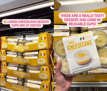 Split screen image with stacks of lemon cheesecake cups on the left and a hand holding a package of the cheesecake cups on the right