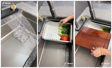 Split screen of waterfall sink, washing produce in a strainer, and a cutting board in the sink