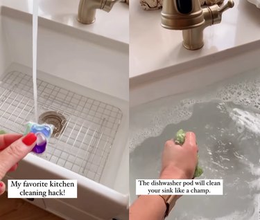 Split screen image of a hand putting a dishwasher pod into a sink on the left and a hand ringing out a washcloth above a sink to the right