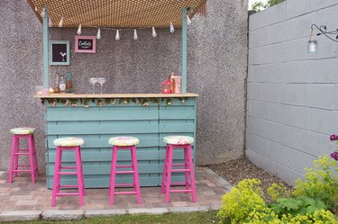 Pink and blue outdoor bar.