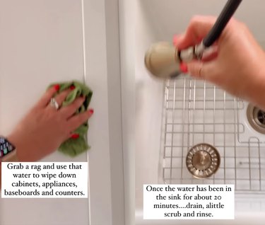 Split screen image of a hand wiping down a cabinet with a washcloth on the left and a hand rinsing out a sink to the right