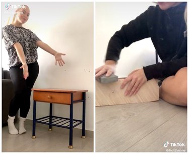 On the left, woman showing off an old nightstand with a brown wooden top and black legs. On the right, the same woman sanding down a piece of wood on the floor.
