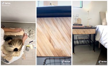 On the left, a woman lays popsicle sticks down diagonally on a drawer. In the middle, there is a close up of the popsicle sticks. On the right, is the finished nightstand with the wooden drawer and a black underside. The nightstand sits next to a bed and is topped with a lamp, books, and a wire sculpture of a face