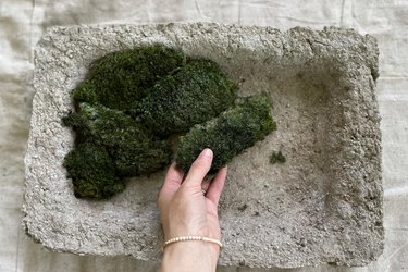 Arranging pillow moss inside stone trough planter