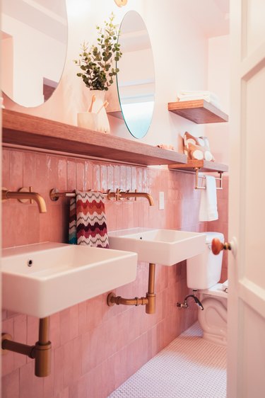 Pink bathroom backsplash in all-pink bathroom