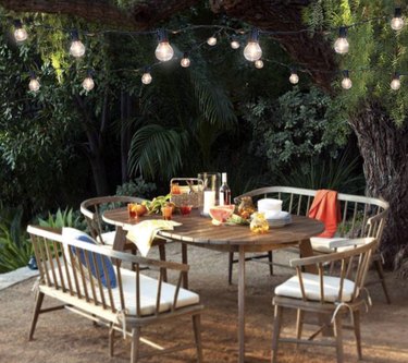 Solar string lights, table, chairs