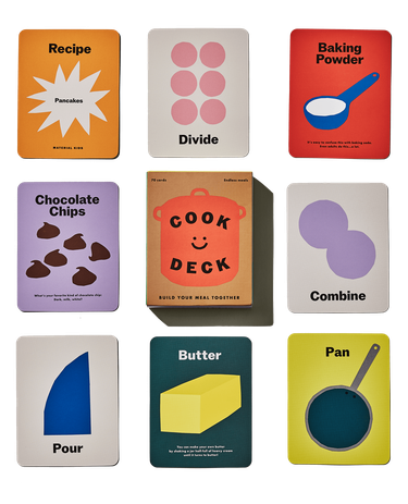 The Material Kids Cook Deck recipe game shopping different recipe instructions — like "combine" — and ingredients, like "Butter" and "Chocolate Chips."