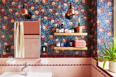 Pink bathroom backsplash in vintage bathroom