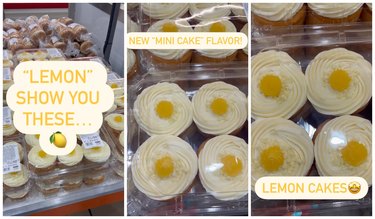First image is lemon cupcakes with a caption that reads, "'lemon' show you these..." Second image is a close up of the mini cakes with a caption that reads, "new 'mini cake' flavor." Third picture is the mini cakes with a caption that reads, "lemon cakes."