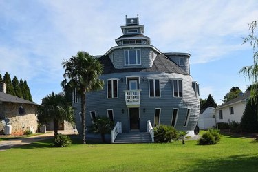 The front of a round grey house